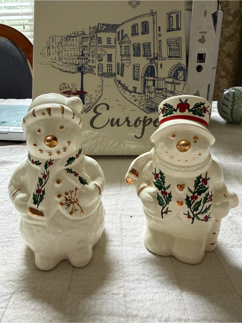 White Ceramic Snowman Salt & Pepper Set with Holly Accents